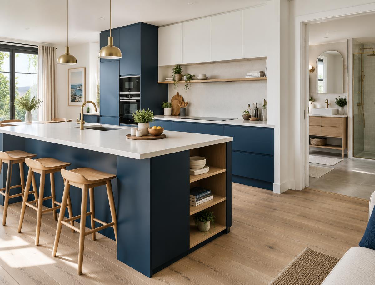 Cuisine bleu profond rénovée avec bois clair et aperçu d’une salle de bain