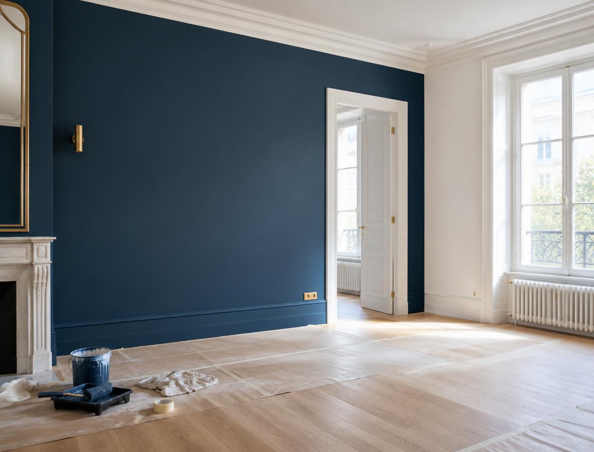 Mur bleu profond et boiseries blanches après travaux de peinture intérieure